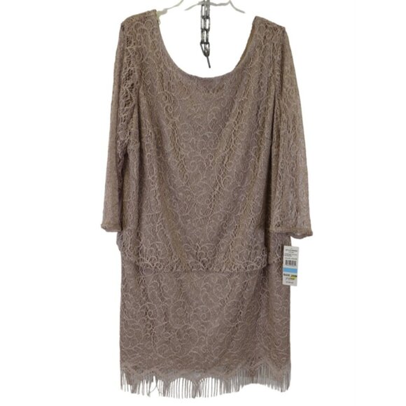 S.L. Fashions NWT Taupe Gold Crochet Blouson Fringe Hem Cocktail Dress, Size 20W - Picture 1 of 9